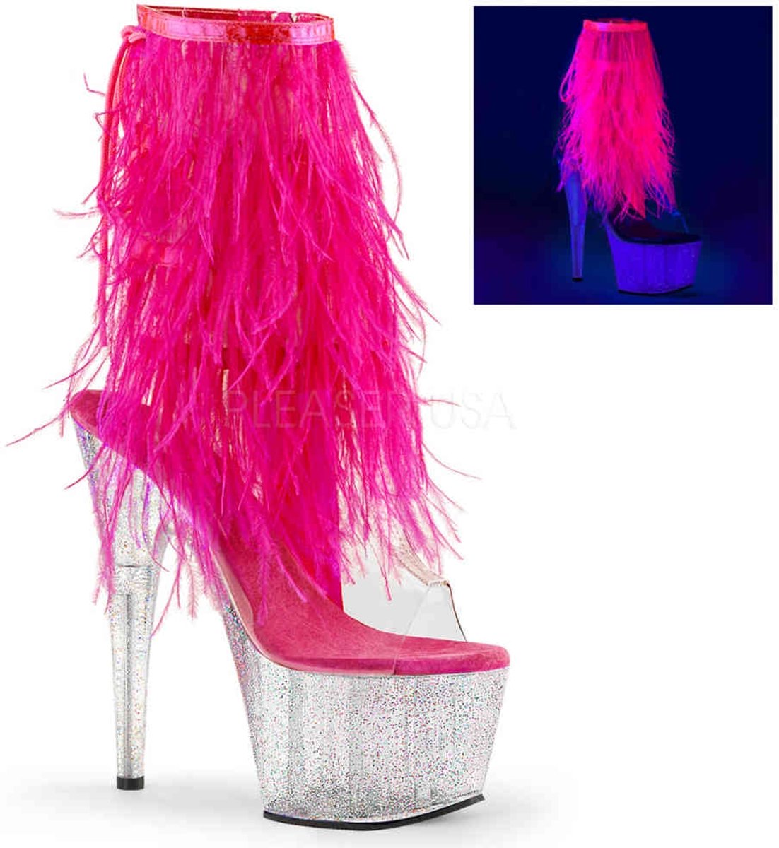 EU 38 = US 8 | ADORE-1017MFF | 7 Heel, 2 3/4 PF Marabou Fur Fringe Ankle Boot, Side Zip